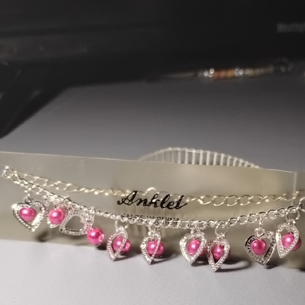 Fashion Jewelry Silver Anklet with Pink Heart Charms